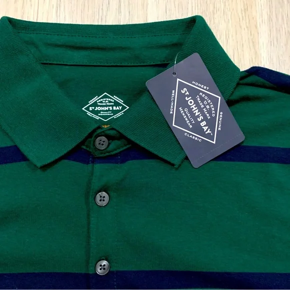 St Johns Bay Mens Large Legacy Polo Long Sleeve Green Stripe Classic Fit Stretch - Picture 2 of 6